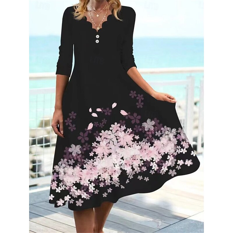 Women's Midi Dress Casual Dress Swing Dress A Line Dress Boho Dress Casual Vacation Daily Regular Fit Floral Leaf 3/4 Length Sleeve Split Neck Pink Blue Purple Fall2