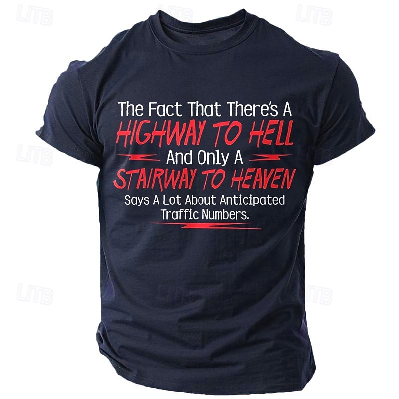 Men's Funny Graphic T-Shirt - Highway To Hell, Stairway To Heaven Traffic Numbers Pun Short Sleeve
