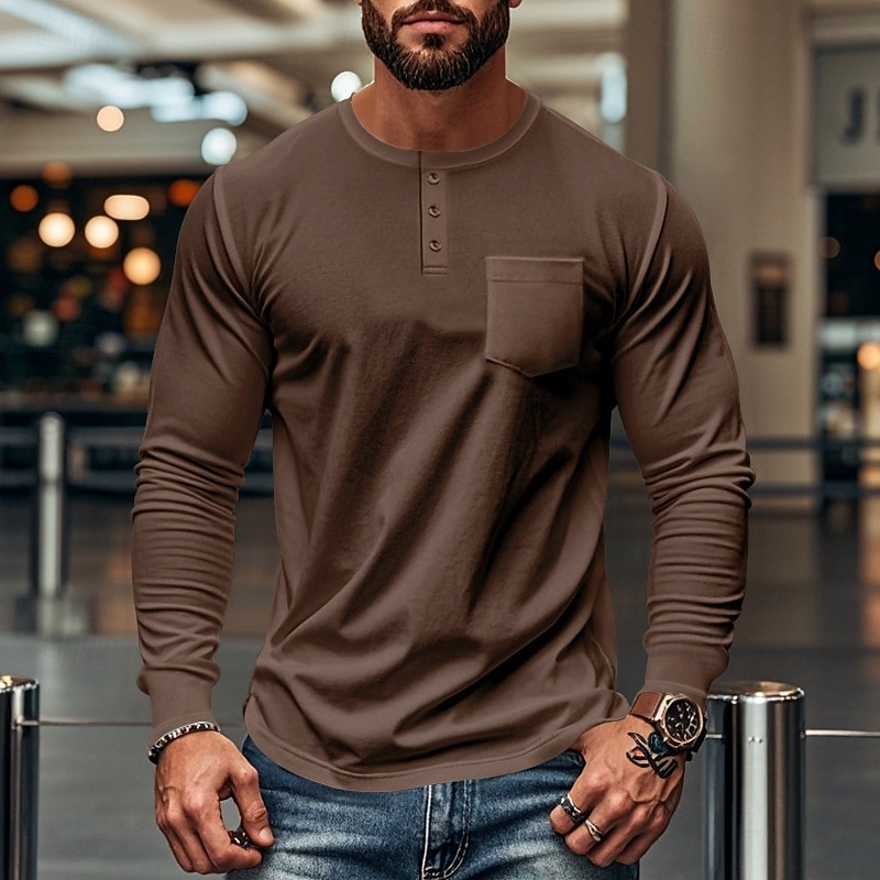 Men's Button T Shirt T Shirt Henley Shirt Tee Long Sleeve Henley Spring &  Fall Plain Fashion Designer Basic Pocket Vacation Street Going out Black White Blue Top Tee for Men2