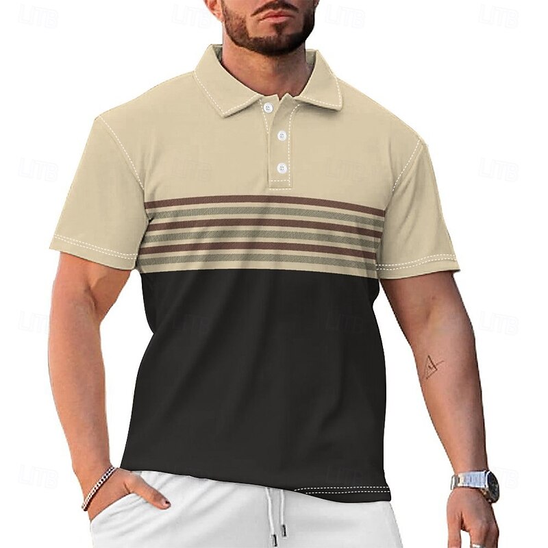 Stripes Men's Casual Print Polo Set Casual Daily Wear 95% Polyester 5% Spandex Short Sleeve Turndown Polo Shirts Brown Spring & Summer S M L Micro-elastic Lapel Polo2