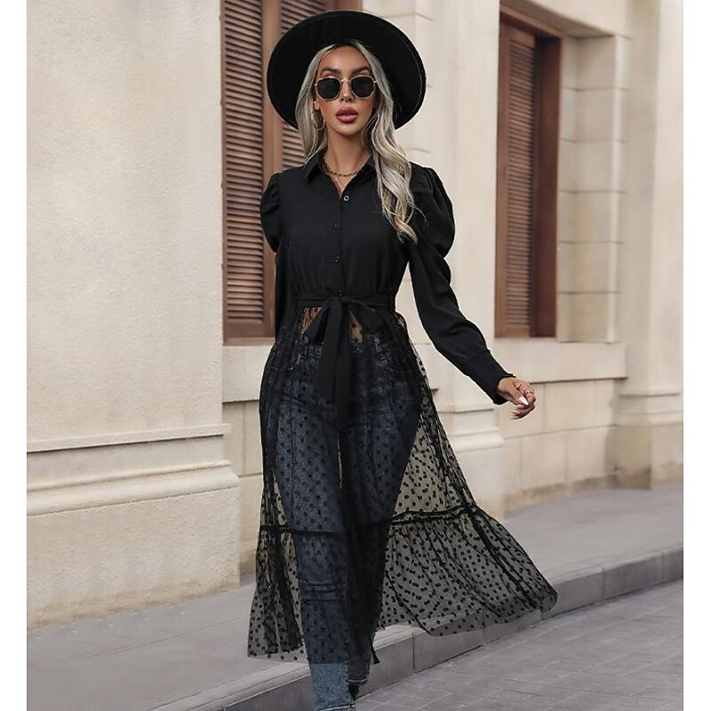 Women's Maxi Dress Black Dress Cocktail Dress Formal Dress Plain Dress Elegant Vintage Casual Street Date Loose Fit Plain Long Sleeve Shirt Collar Black Spring Fall3