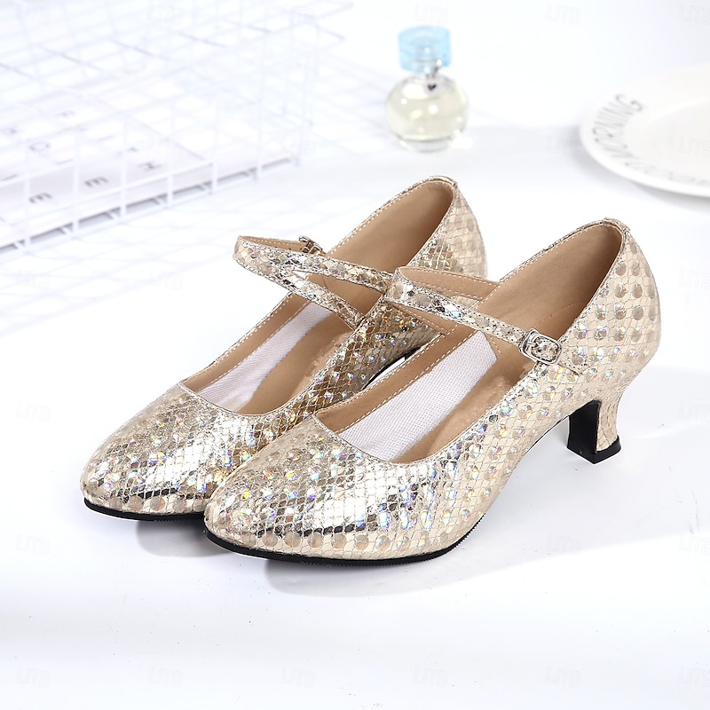 Women's Gold Glitter Ballroom Dance Shoes with Mary Jane Strap, Closed-Toe Heels for Latin and Salsa Dancing