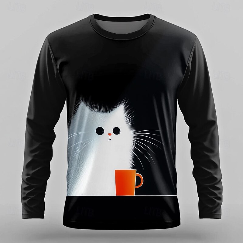 Halloween Men's Cat Funny T Shirt Long Sleeve T shirt 3D Print Crew Neck Shirt Designer Retro Vintage Street Casual Daily Black 1 Black 3 Black 2 Summer Spring Fall Clothing Apparel S M L XL XXL XXXL3