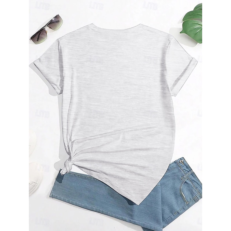 Women's T Shirt Casual Cat Letter Print Short Sleeve Regular Tops V Neck Daily Light Grey Summer I Am Fine2