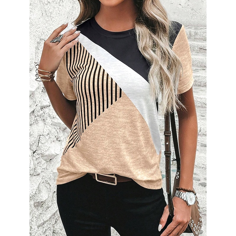 Women's T Shirt Casual Color Block Print Short Sleeve Regular Tops Round Neck Daily Sky Blue Khaki Gray Summer3