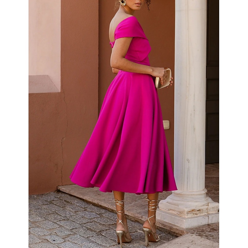 A-Line Cocktail Dresses Elegant Dress Tea Length Sleeveless Off Shoulder Fall Wedding Guest Stretch Fabric with Ruched Dresses4