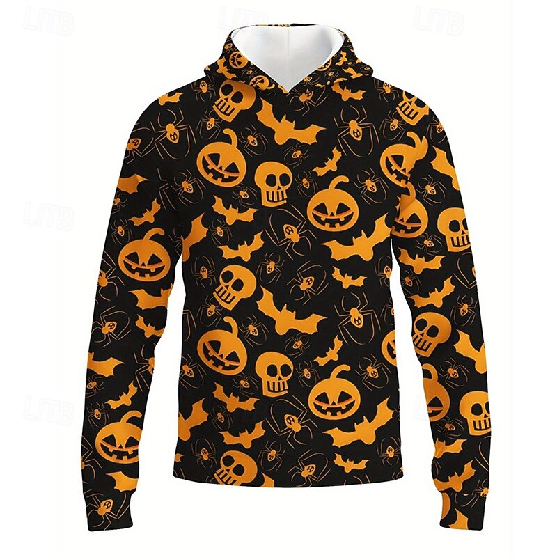 Halloween Boys 3D Graphic Skull Pumpkin Hoodie Long Sleeve Fall Winter Fashion Adorable Basic Polyester Kids 4-12 Years Hooded Outdoor Casual Daily Regular Fit3