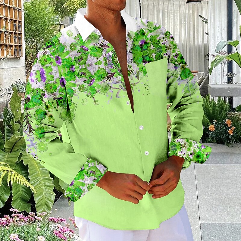 Men's Floral Beach Shirt Button Up Shirt Long Sleeve Hawaiian Vacation Daily Fall Winter Spring & Summer Collared Shirts 3D Print Blue Fuchsia Green3