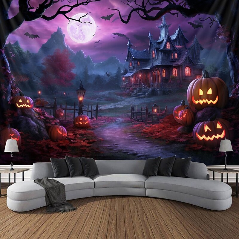 Halloween Decorations Blacklight Tapestry Glow Party Creepy Mansion Castle UV Reactive Glow in the Dark Psychedelic Trippy Misty Hanging Tapestry Wall Art Mural for Living Room Bedroom2