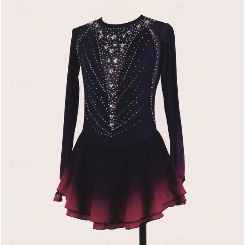 Figure Skating Dress Women's Girls' Ice Skating Dress Black Red Thumbhole Open Back Mesh Spandex Stretchy Training Practice Professional Skating Wear Thermal Warm Classic Crystal / Rhinestone Long2