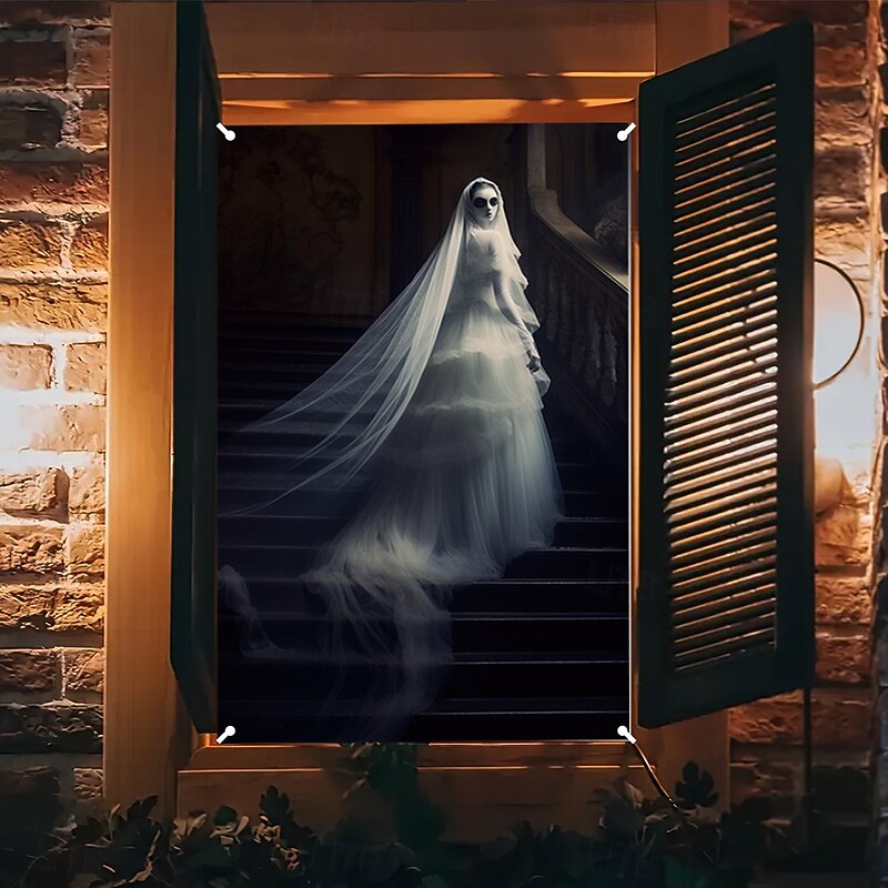 Halloween Window Cover Decorations, Fabric Ghost Bride Creepy Halloween Curtain Horror Movie Poster Window Door Covering Decor for Haunted House, Scary Halloween Window Clings Decals Indoor Outdoor3