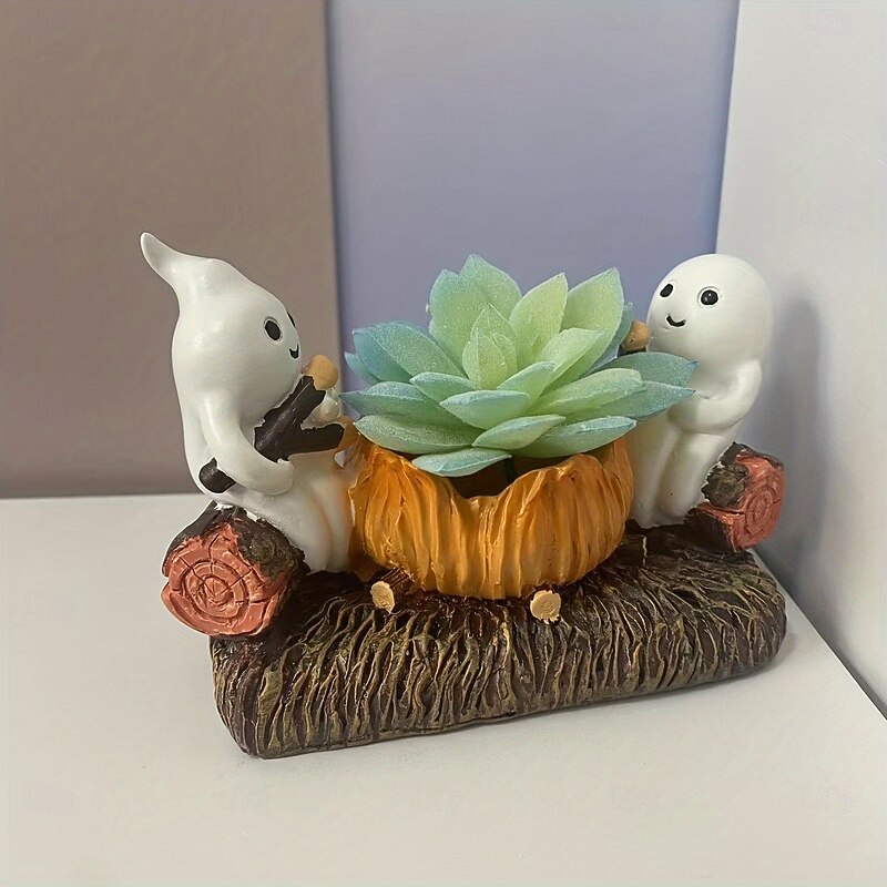 Cute Ghost Decoration Campfire Resin Succulent Planter - Halloween Decoration with Two Cute Cute Ghost Decorations - Resin Figurine for Home and Garden Decor4