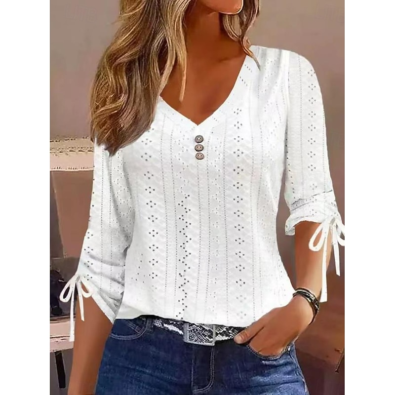 Women's White Elegant Lace Tops Eyelet Blouse Stylish Modern Solid Color Buttons Eyelet 3 4 Length Sleeve V Neck Daily Romantic Petite Tops Summer Holiday Wear White Pink Purple Green Summer Spring