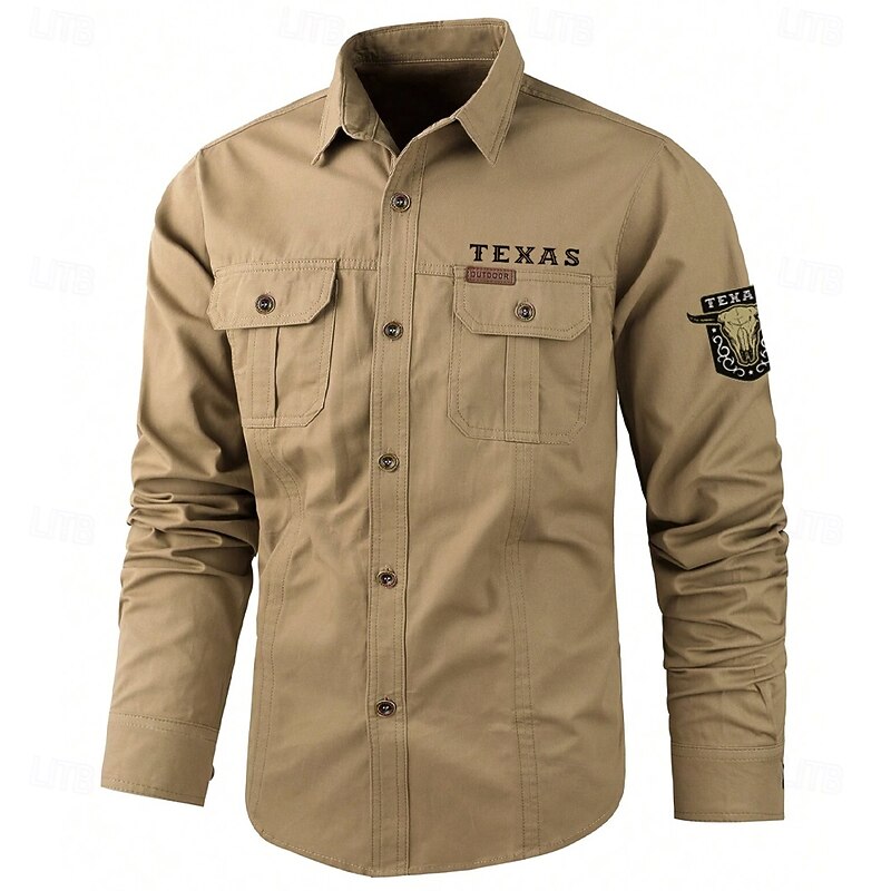 Men's Texas Cow Print Work Shirt Western Shirt Cargo Shirt Long Sleeve Casual Tactical Sports & Outdoor Going out Winter Spring &  Fall Turndown Print Black Army Green Khaki Beige4