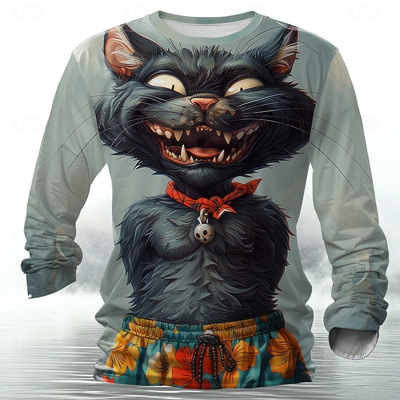 Men's Cat T Shirt Long Sleeve T shirt 3D Print Crew Neck Shirt Designer Retro Vintage Street Casual Daily Yellow Red Blue Summer Spring Fall Clothing Apparel S M L XL XXL XXXL