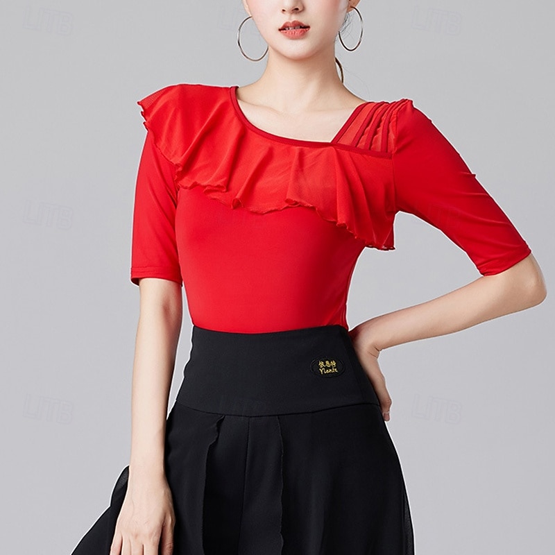 Latin Dance Top Ruffles Pure Color Splicing Women's Performance Training Half Sleeve High Nylon3