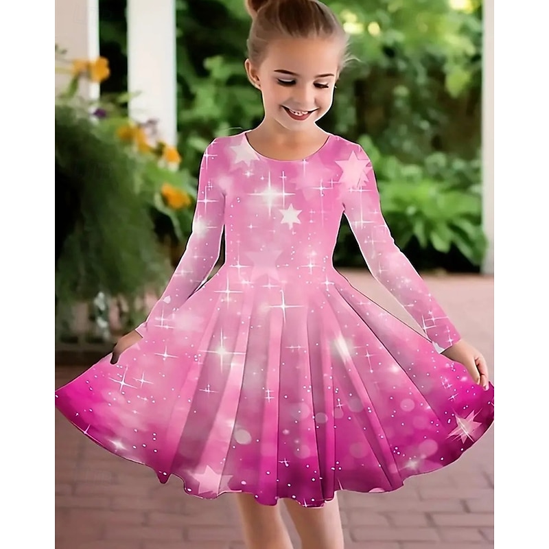 Girls' 3D Graphic Stars Dress Long Sleeve Summer Spring Vacation Daily Holiday Princess Beautiful Sweet Kids 4-12 Years Casual Dress A Line Dress Knee-length Regular Fit