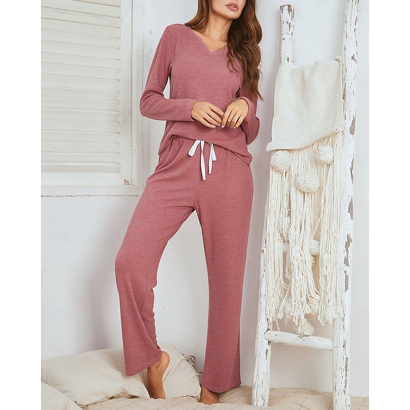 Women's Loungewear Pajama Set Waffle Knit Casual Comfort Home Bed Comfort Breathable V Wire Short Sleeve Pullover Pant Spring Fall Black Red Home Outfits4