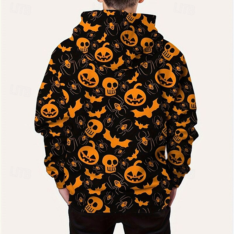 Halloween Boys 3D Graphic Skull Pumpkin Hoodie Long Sleeve Fall Winter Fashion Adorable Basic Polyester Kids 4-12 Years Hooded Outdoor Casual Daily Regular Fit2