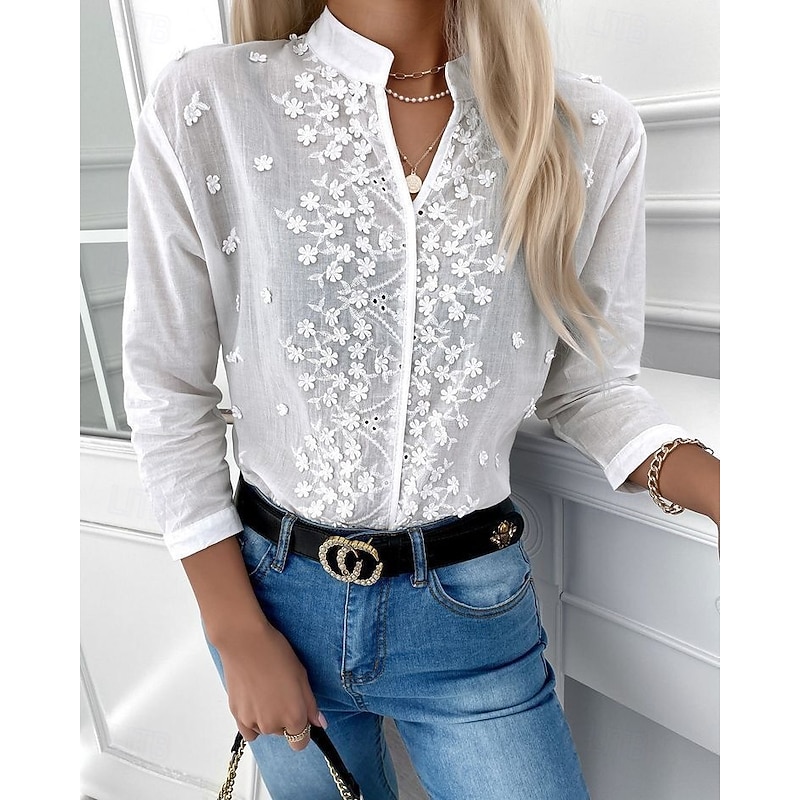 Women's White Elegant Lace Tops Eyelet Blouse Stylish Modern Solid Color Long Sleeve High Neck Embroidered Hollow Out Regular Fit Work Daily Romantic Petite Tops Summer Holiday Wear White Spring Fall