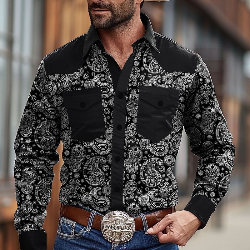Men's Paisley Cowboy Western Shirt Button Up Shirt Cowboy Shirt Long Sleeve Vintage Western Daily Holiday Fall Winter Spring & Summer Turndown Collared Shirts 3D Print Black