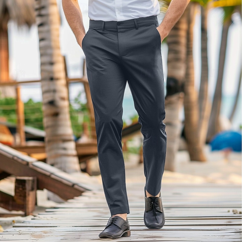 Men's Dress Pants Trousers Casual Pants Pocket Elastic Waist Straight Leg Plain Stretch Wedding Office Business Stylish Formal Black Wine High Waist Micro-elastic 6
