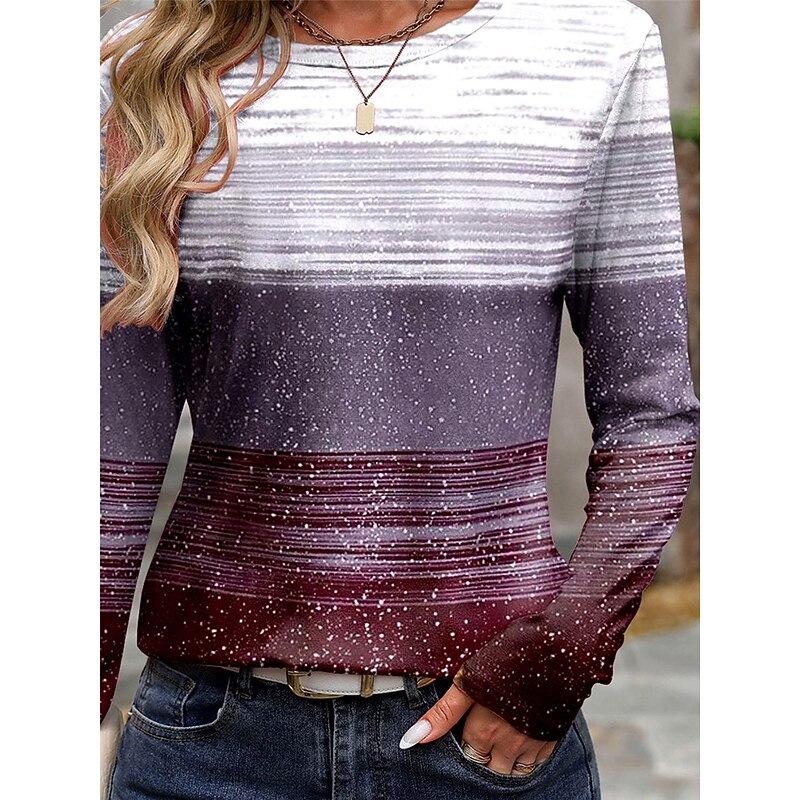 Women's T shirt Crew Neck Long Sleeve Tunic Casual Print Regular Tops Daily Purple Spring Fall3