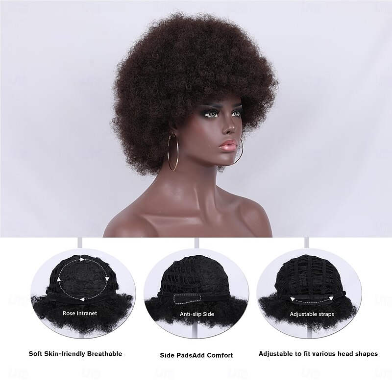 Afro Wig For Women 70s Afro Wigs Natural Looking Afro Kinky Curly Wigs With Bangs Short Bouncy Afro Curly Wig Soft Afro Puff Wig Synthetic Hair Afro Wig For Daily Party4