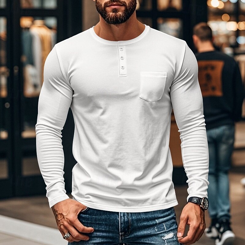 Men's Button T Shirt T Shirt Henley Shirt Tee Long Sleeve Henley Spring &  Fall Plain Fashion Designer Basic Pocket Vacation Street Going out Black White Blue Top Tee for Men4