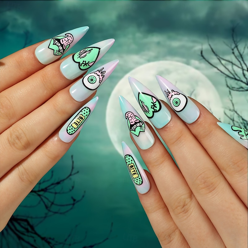 24pcs/set Long Starry Sky Gradient Green Heart, Eye, Mouth  Halloween  False Nail Tip Press on3