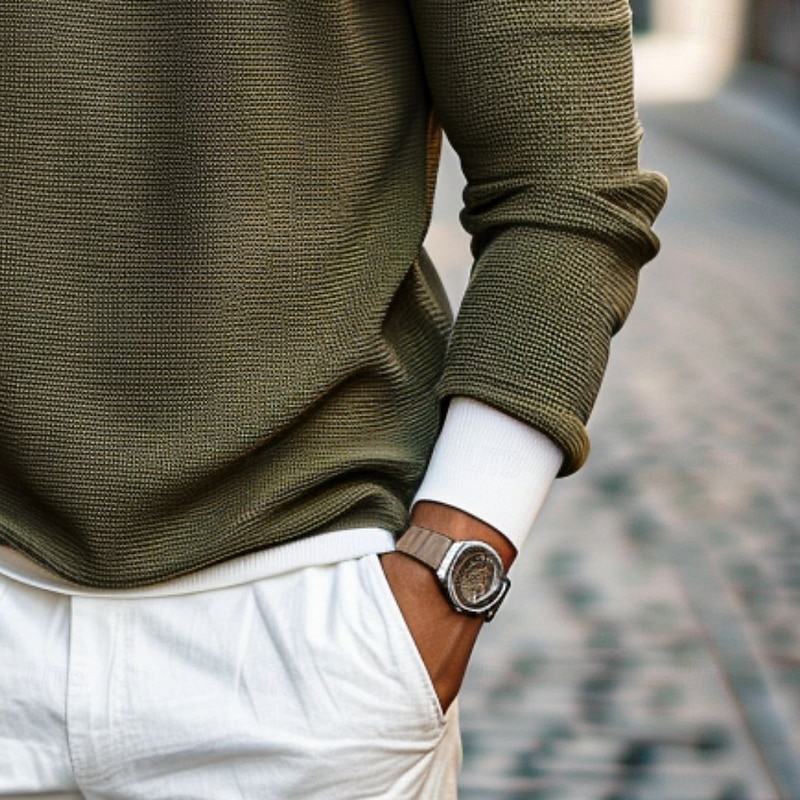 Men's Waffle T-shirt Quarter Zip Tee Tee Top Long Sleeve Shirt Long Sleeve Crewneck Spring &  Fall Color Block Fashion Designer Basic Zipper Fake two piece Vacation Street Going out Dark Brown Army4