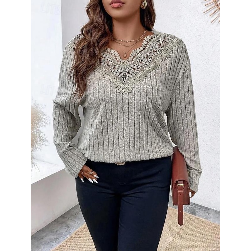 Women's Elegant Lace Tops Eyelet Blouse Stylish Modern Lace Long Sleeve Regular Tops V Neck Work Daily Romantic Petite Tops Summer Holiday Wear Gray Spring Fall3