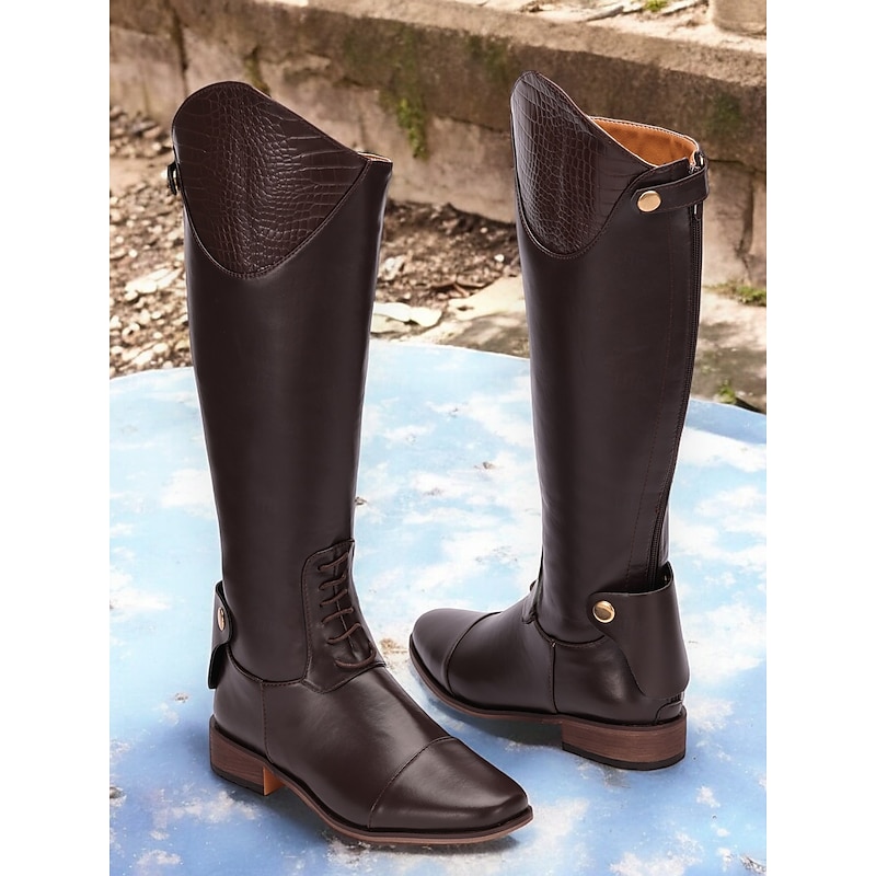 Women's Brown Leather Knee-High Riding Boots with Crocodile Pattern Accents, Stylish and Durable for Equestrian and Outdoor Wear