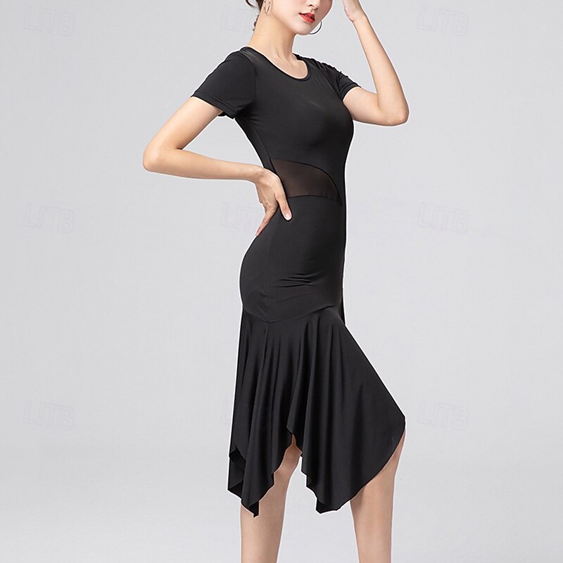 Latin Dance Dress Pure Color Splicing Women's Performance Training Short Sleeve High Polyester4
