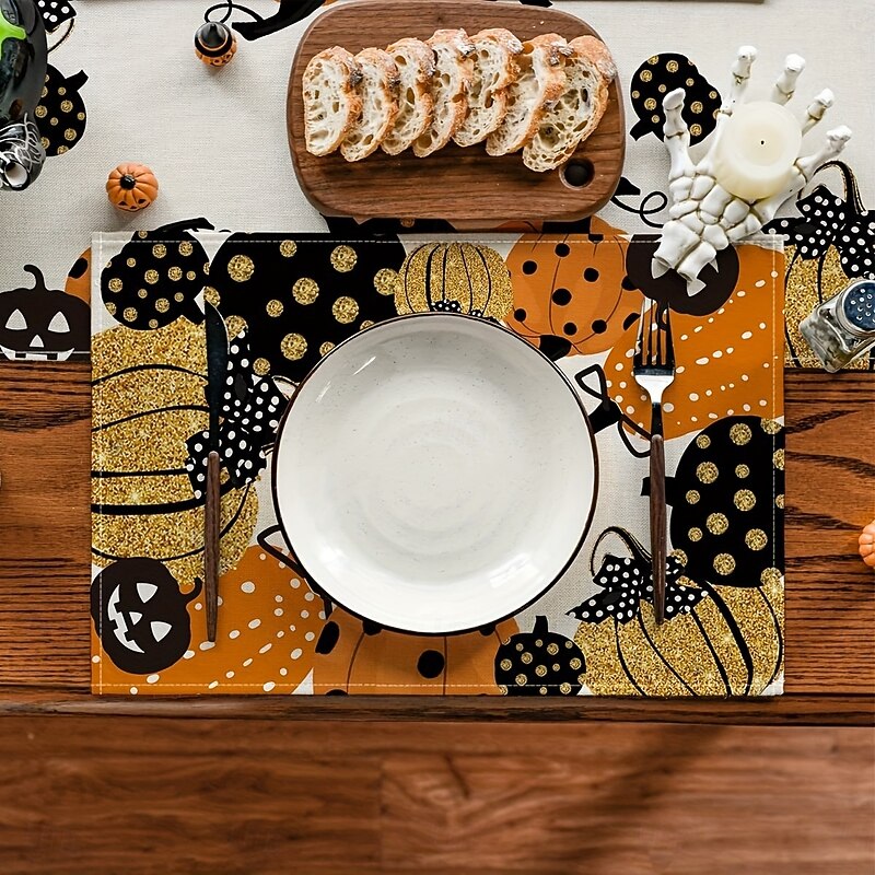 4 Pack Halloween Linen Placemats, Heat Resistant Table Mats for Kitchen Dining Table Decor, Spooky Party Table Setting Accessories4