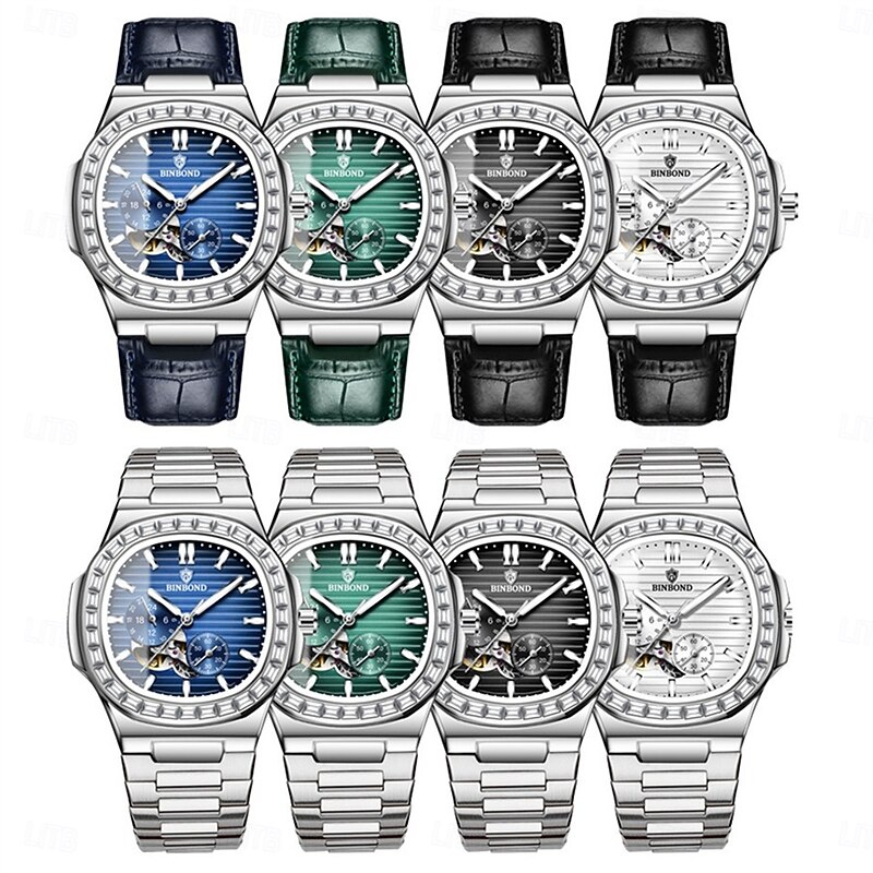 BINBOND Men Mechanical Watch Creative Fashion Business Wristwatch Automatic Self-winding Luminous Calendar Waterproof Steel Leather Watch3