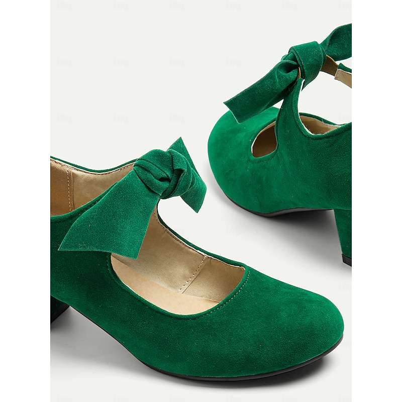 Women's Green Suede Mary Jane Shoes with Bow Detail - Perfect for Office, Daily Wear, and Special Occasions