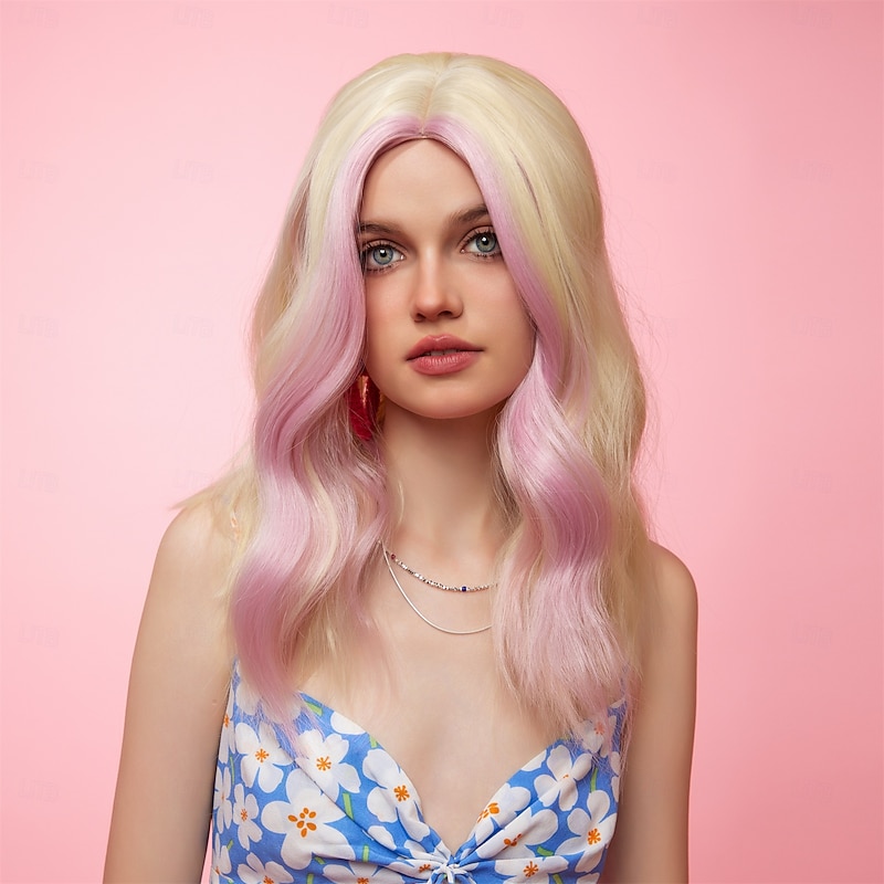 Synthetic Wig Uniforms Career Costumes Princess Curly Wavy Middle Part Layered Haircut Machine Made Wig 14 inch Gold Pink Synthetic Hair Women's Cosplay Party Fashion Pink4