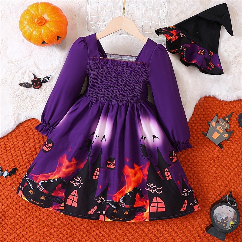 Halloween Girls' 3D Bat Castle Dress Long Sleeve Spring Fall Daily Holiday Vacation Casual Halloween Custome Little Kids(4-7ys) 4-7 Years Casual Dress A Line Dress Knee-length Polyester Regular Fit