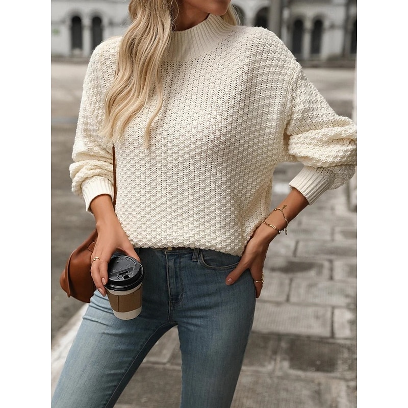 Women's Sweater Casual Soft Solid Color Mock Neck Textured Long Sleeve Regular Tops Knit Outdoor Work Daily Black White Fall Winter