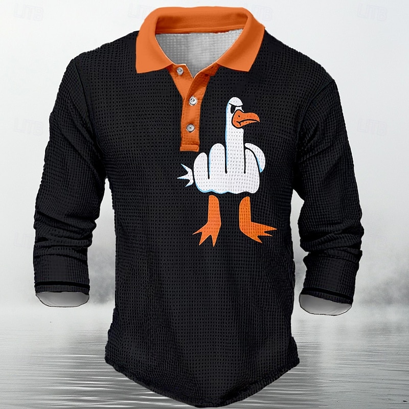 Men's Funny Duck Golf Shirt Long Sleeve Polo Shirts Collared Shirts Casual Funny Streetwear Vacation Wear Party Outfits Buttons 3D Print Spring Fall Winter Black