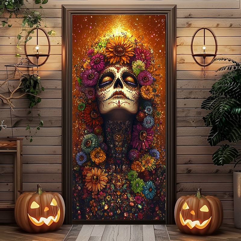 Halloween Door Decorations Door Covers Day of Dead Door Tapestry Door Curtain Decoration Backdrop Door Banner for Front Door Farmhouse Holiday Party Indoor Outdoor Decor Supplies