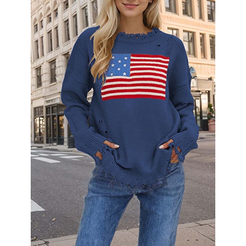 Women's Sweater Stylish Casual Solid Color Crew Neck Print Drop Shoulder Long Sleeve Long Tops Knit Daily Going out Navy Blue Beige Fall Winter4
