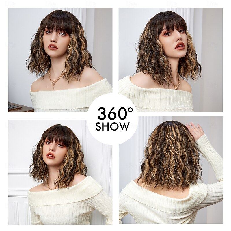 Cosplay Costume Wig Curly Bouncy Curl Bob Neat Bang With Bangs Wig 14 inch Black / Gold Synthetic Hair Women's Elastic Adorable Comfortable Black / Blonde4