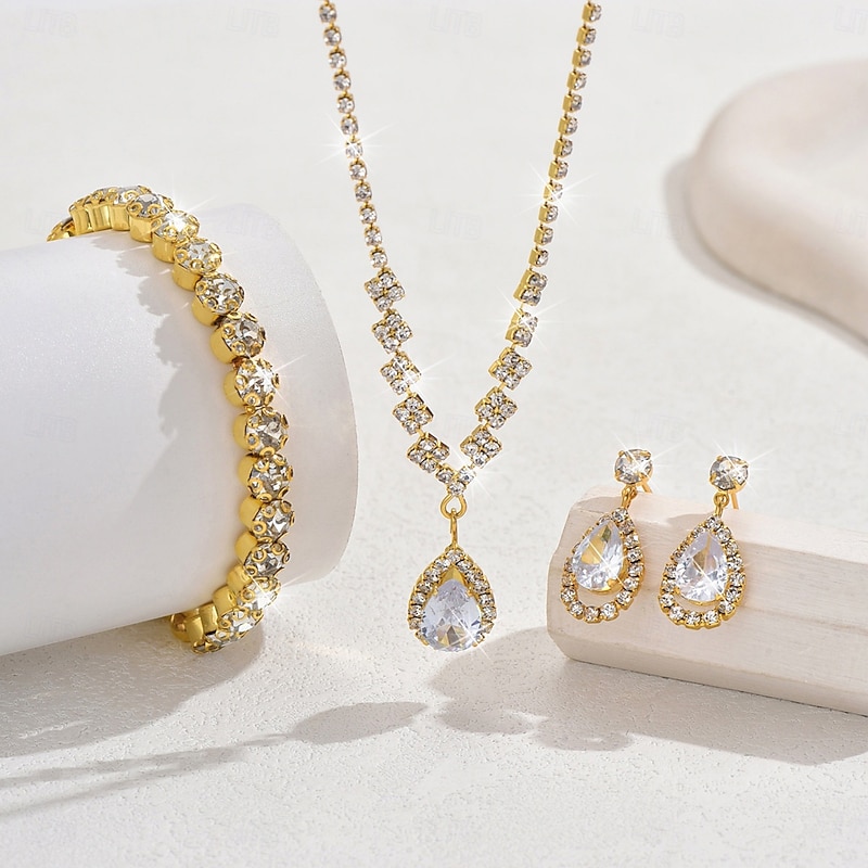 Bridal Jewelry Sets Three-piece Suit Imitation Diamond 1 Necklace 1 Bracelet Earrings Women's Classic Sweet Lovely Classic Love Precious Diamond Water Drop Jewelry Set For Wedding Gift3