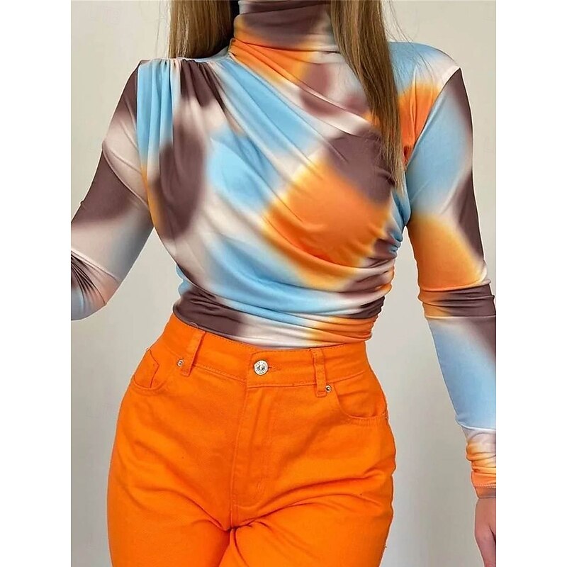 Women's T Shirt Casual Ombre Tunic Elastic Waist Long Sleeve Regular Tops Turtleneck Daily Red Orange Summer Spring Fall