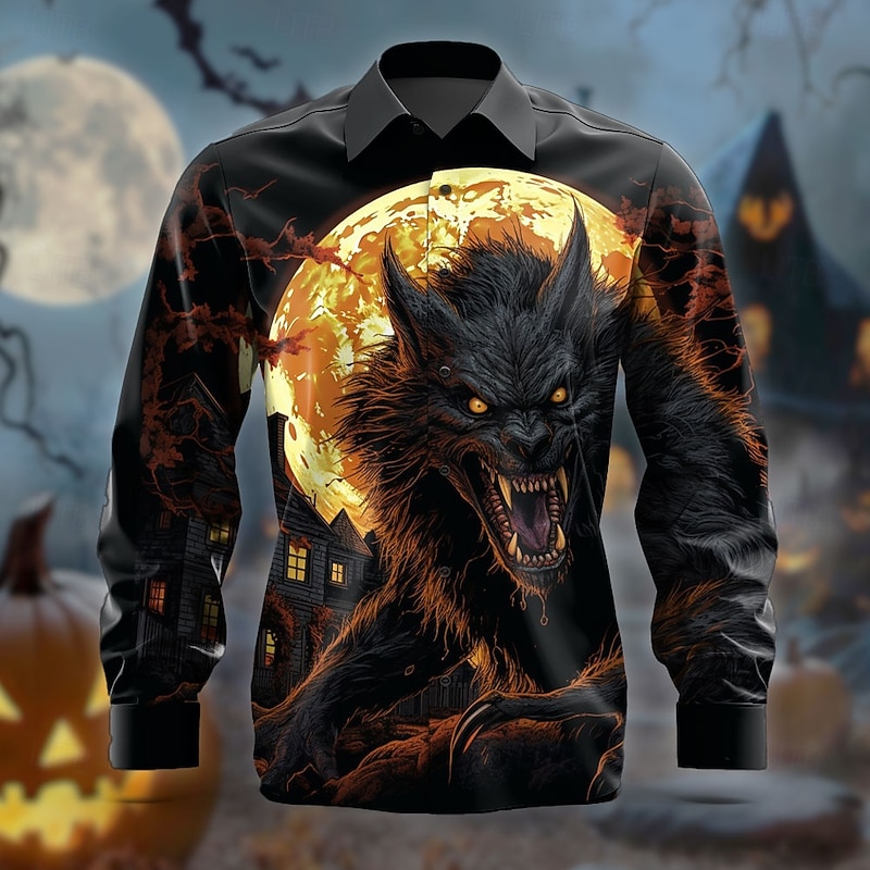 Halloween Men's Halloween Costumes Button Up Shirt Long Sleeve Horror Party Evening Wear Fall Winter Spring & Summer Shirt Collar 3D Print Black