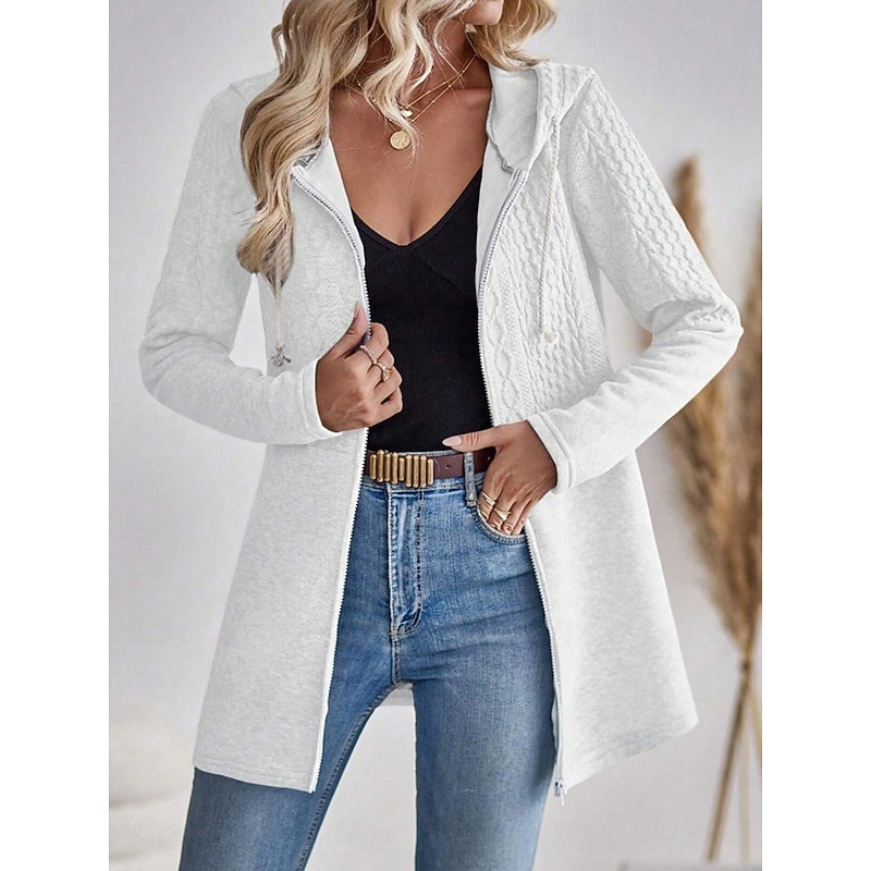 Women's Winter Jacket Coat Textured Jackets Athleisure Holiday Daily Wear Fall Winter Regular Coat Regular Fit Stylish Casual Jacket Long Sleeve Solid Color Drawstring Full Zip Black Gray4