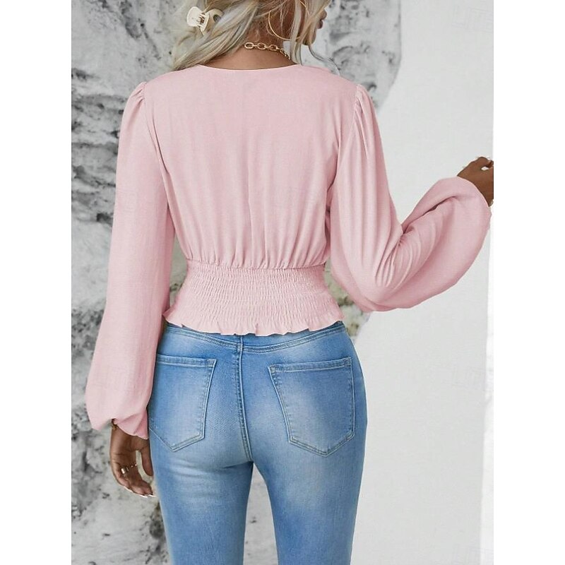 Women's Blouse Stylish Modern Solid Color Ruched Bell Sleeve Long Sleeve V Neck Work Daily Black White Pink Green Spring Fall Winter2