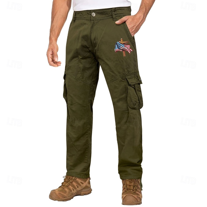 Men's Cargo Pants Cargo Trousers Work Pants Multi Pocket Graphic Cross American Flag Outdoor Full Length Outdoor Sports Outdoor Casual Vintage Sports Yellow Army Green Micro-elastic